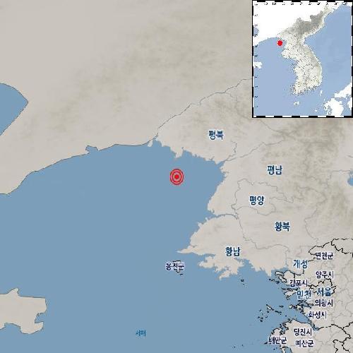 기상청 "북한 평안북도 철산 남쪽서 규모 2.2 지진 발생"