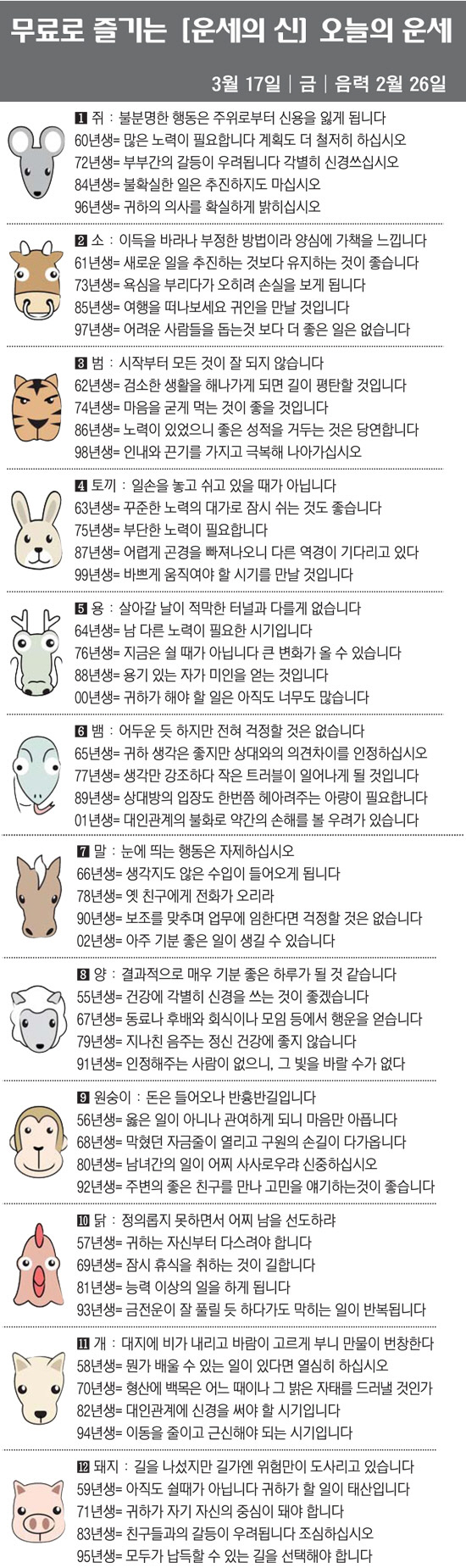 [직장인을 위한 오늘의 운세] 2023년 3월 17일 금요일 오늘의 띠별…