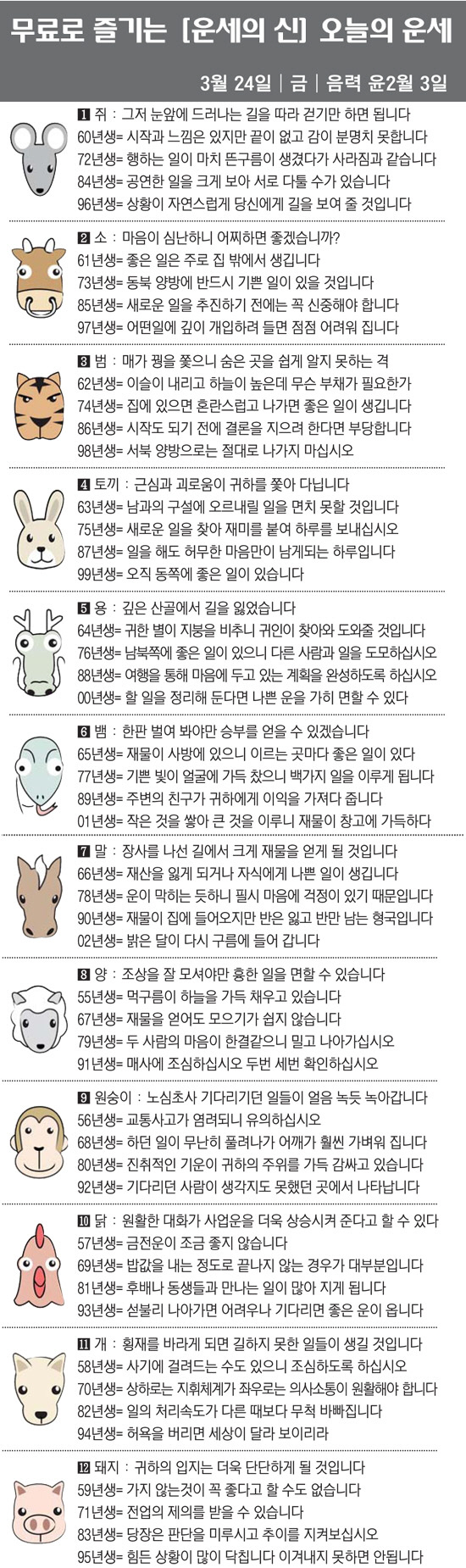 [직장인을 위한 오늘의 운세] 2023년 3월 24일 금요일 오늘의 띠별…