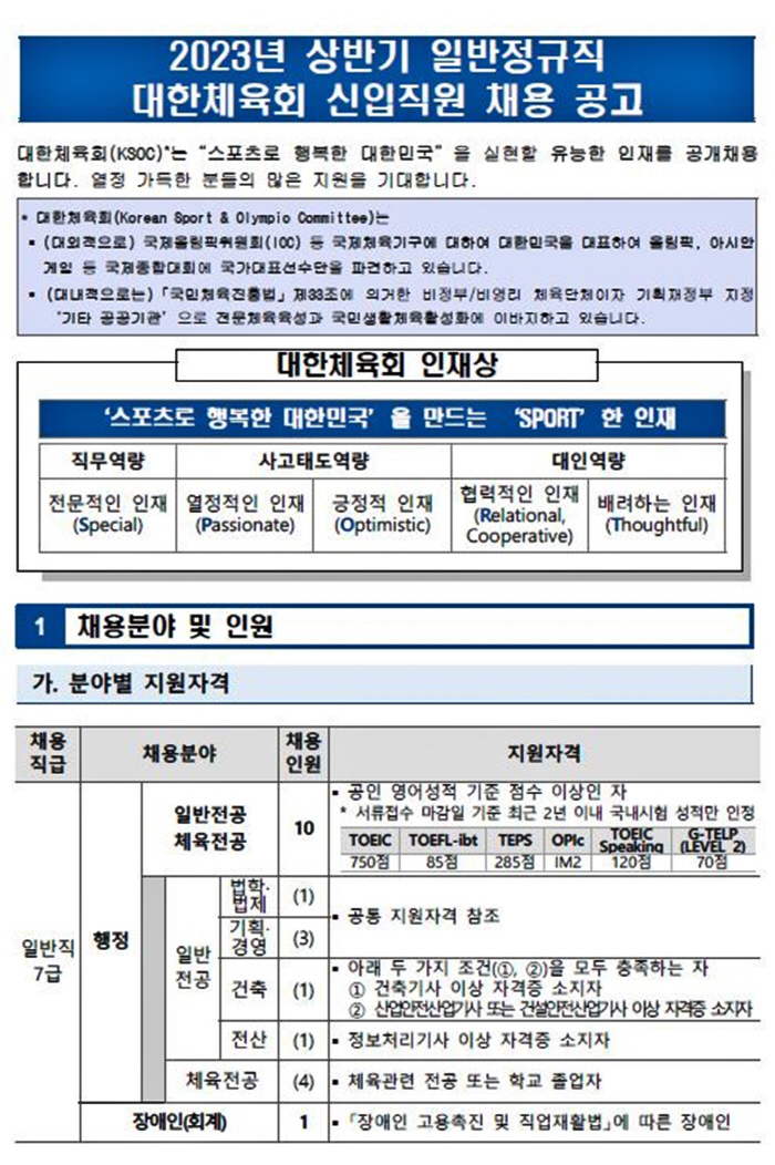 대한체육회 신입직원 공채...14일 온라인 접수 마감