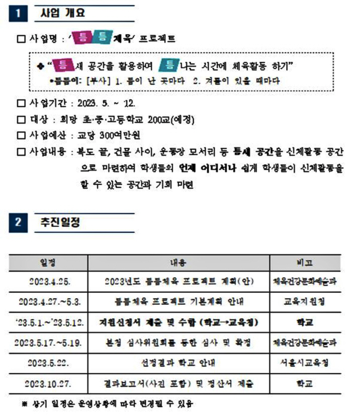 서울시교육청,'틈새공간X틈새시간' 틈틈체육 200개교 선정X300만원 지…