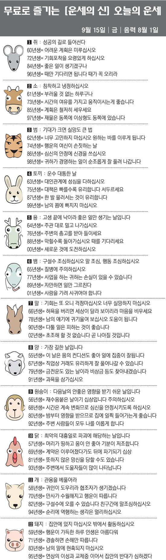 [직장인을 위한 오늘의 운세] 2023년 9월 15일 금요일 오늘의 띠별…