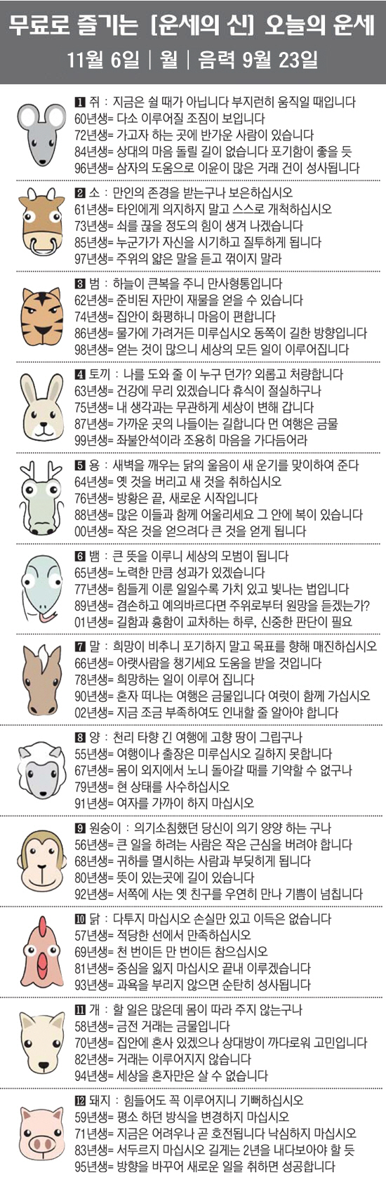 [직장인을 위한 오늘의 운세] 2023년 11월 6일 월요일 오늘의 띠별…