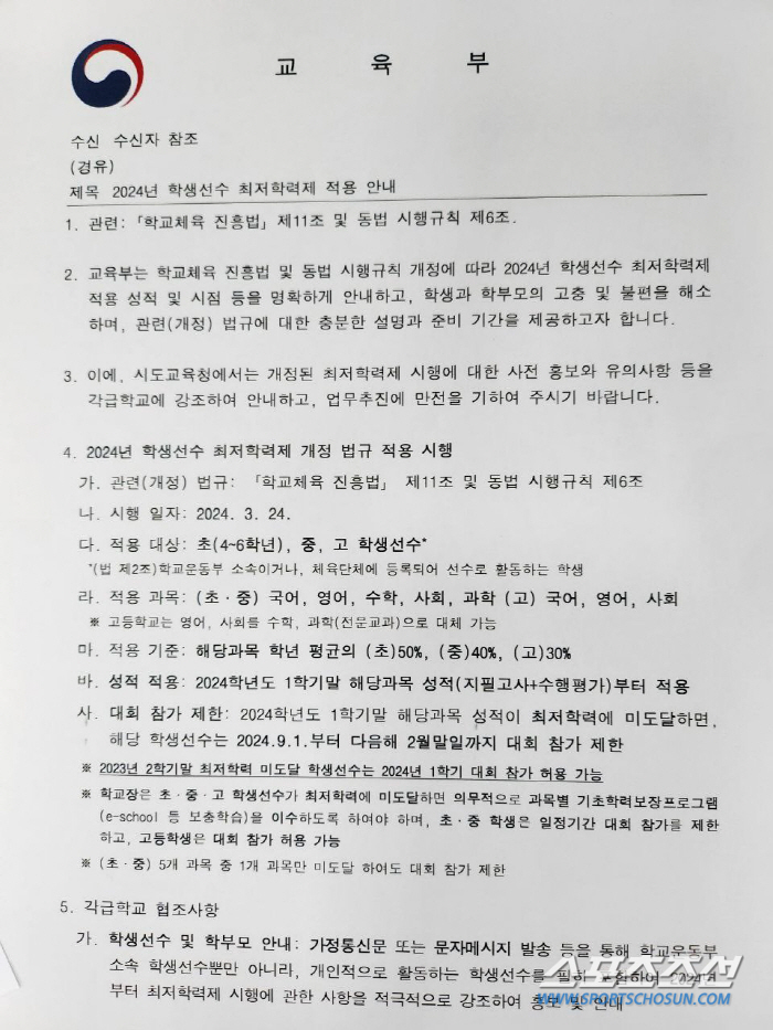 교육부"학생선수 '최저학력제'성적적용→출전제한,올해 2학기부터입니다"[오…