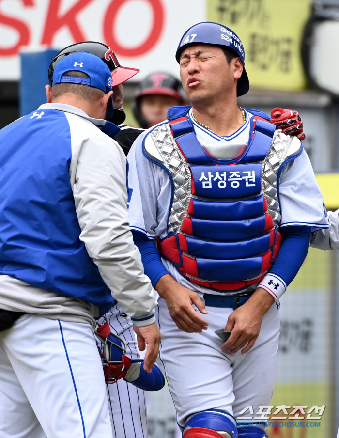 '이제 시범경기인데...'손목에 파울타구 직격 당한 강민호, 그의 손목은…