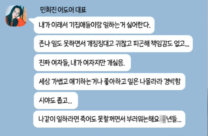 "개초딩" "개뚱뚱" 민희진, 뉴진스 멤버 비하 문자 공개 '충격'(뒤통…