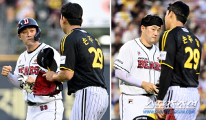 '감히 날 맞혀?' 사구 맞고 익살맞게 주먹 쥐던 양석환, 싹쓸이 2루타 치고 손주영 눈치 본 이유는