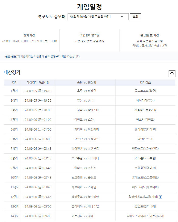 스포츠토토, 축구토토 승무패 56회차 발매…한국-팔레스타인전 등 14경기…