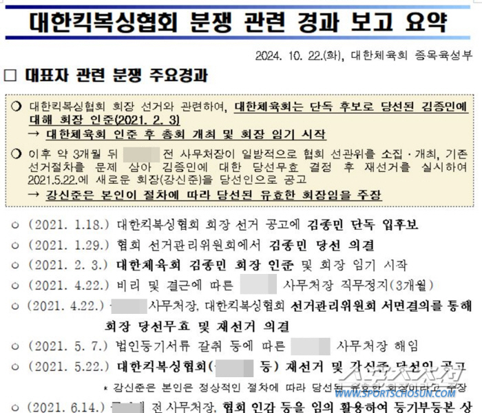 국감장 초황당 '킥복싱 진짜회장' 누구? 대한체육회가 답했다