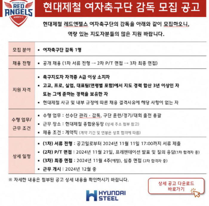 '여축 명가'현대제철 김은숙 감독 사퇴...감독 공개채용 11일 서류마감