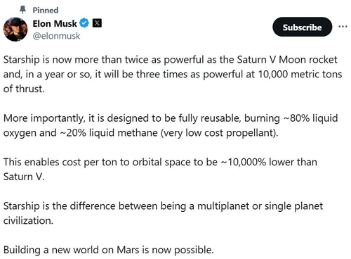 머스크 "화성에 새 세계 건설 가능"…우주선 스타십 개발 가속