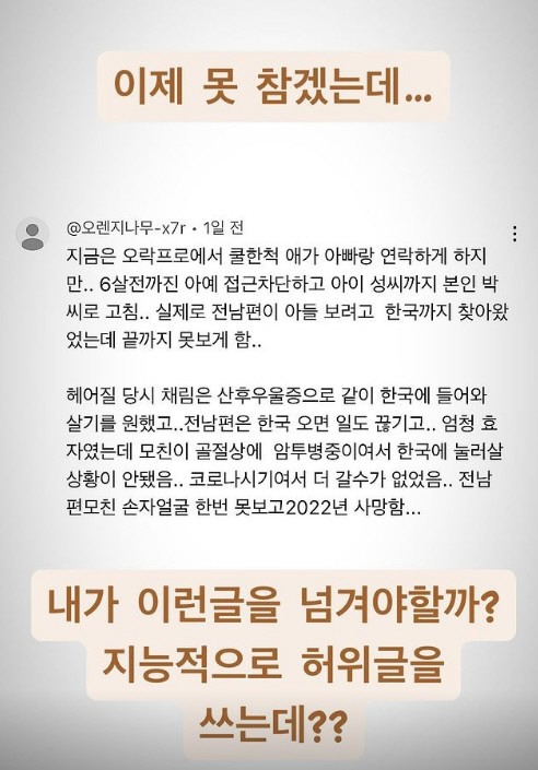 "채림, 가오쯔치 접근차단 했다고?"…지능적 허위글에 더 이상 못 참아 …