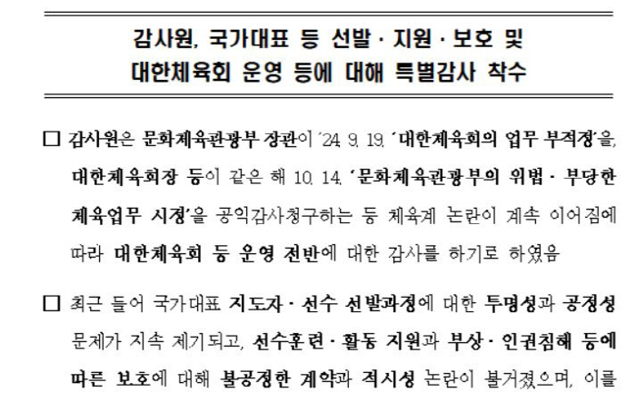 "국대선발 부조리X선수 인권침해 제보 받습니다" 감사원,대한체육회 특별감…