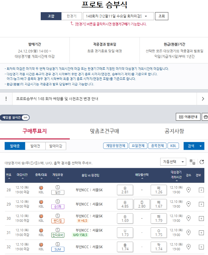 'KCC 승리 시 2.81배'…프로토 승부식 148회차, KBL 부산KC…