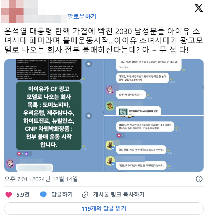 [SC이슈] "아이유·유리→뉴진스 보이콧"…탄핵집회 응원 후폭풍, 선결제…