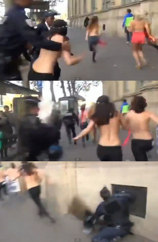 반라 여성 기습 시위에 당황한 경찰 '몸개그 해프닝'